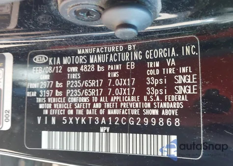 2012 Kia Sorento Lx from USA, damaged, VIN 5XYKT3A12CG299868